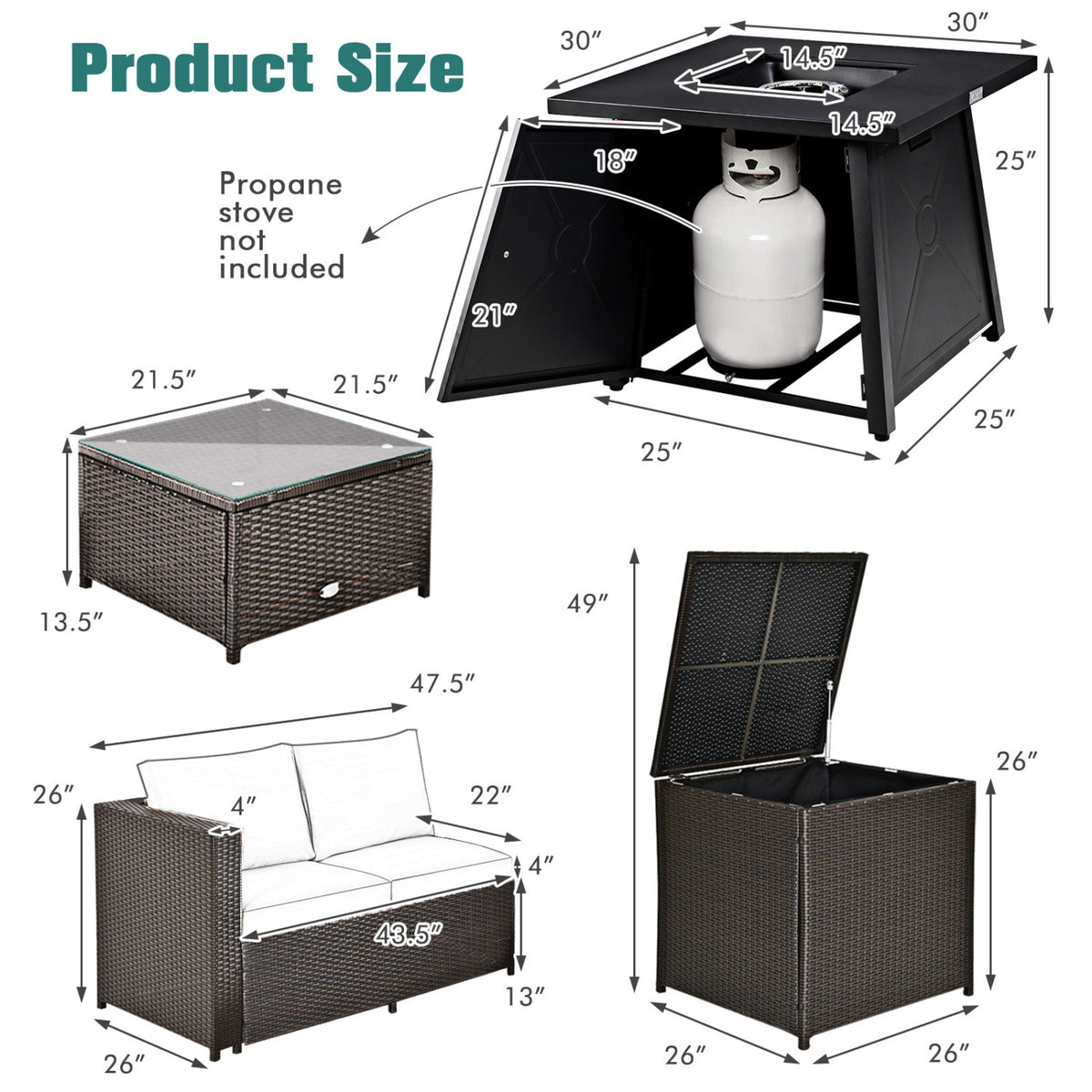 5 Piece Patio Furniture Set with 50000 BTU Propane Fire Pit Table-Black