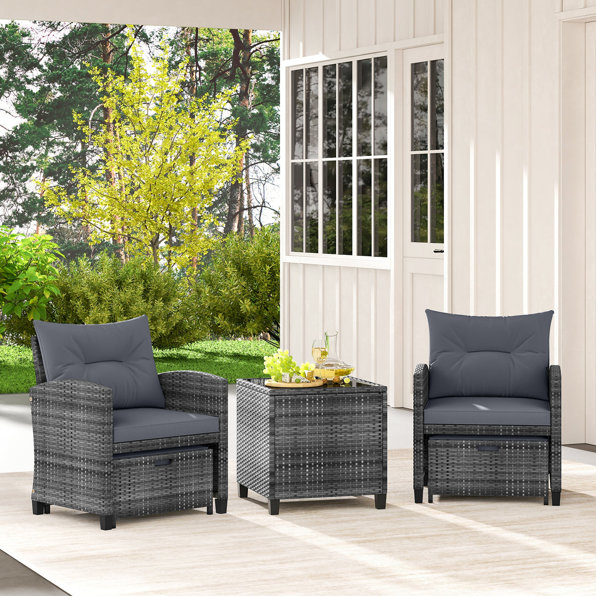 5 Piece Patio Rattan Furniture with 2 Ottomans and Tempered Glass Coffee Table