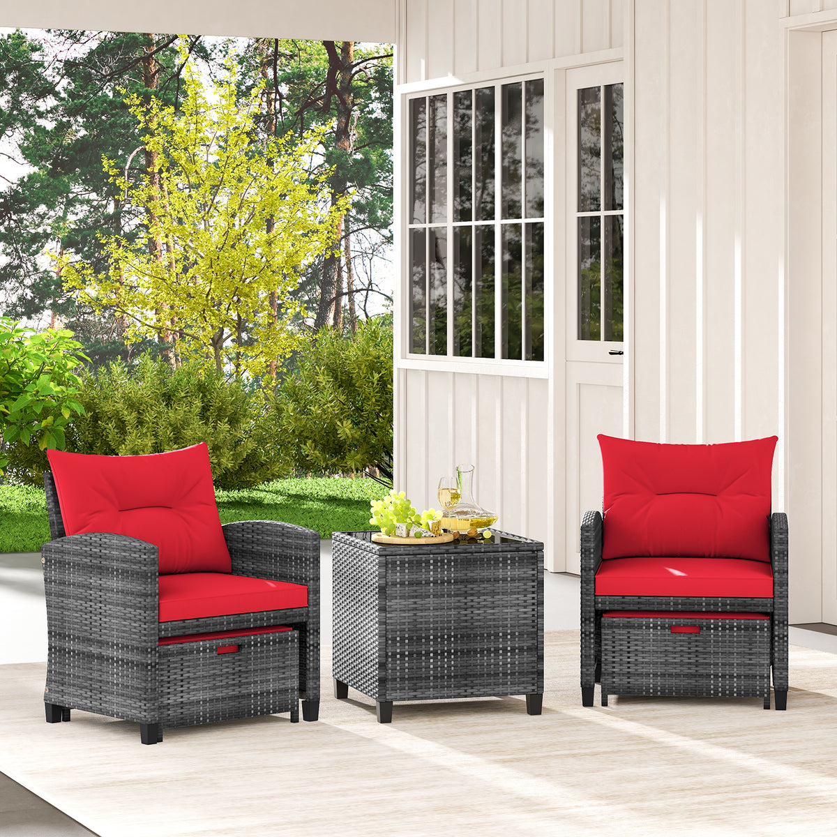 5 Piece Patio Rattan Furniture with 2 Ottomans and Tempered Glass Coffee Table