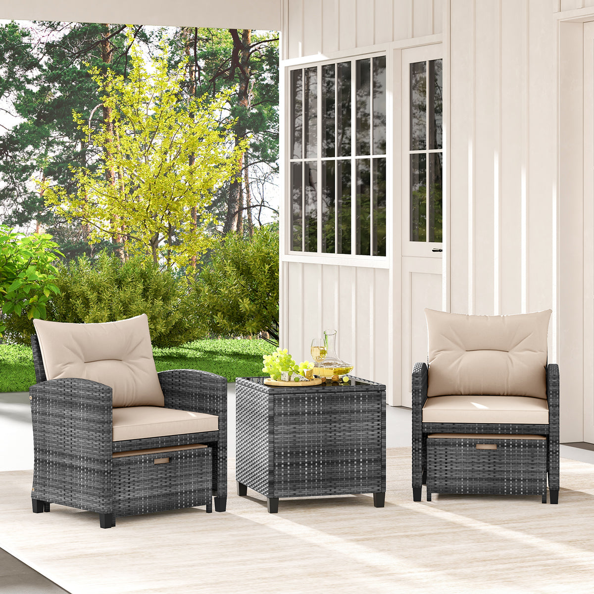 5 Piece Patio Rattan Furniture with 2 Ottomans and Tempered Glass Coffee Table