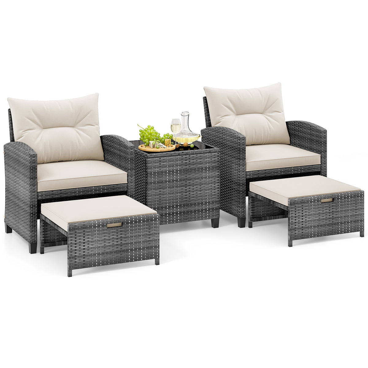 5 Piece Patio Rattan Furniture with 2 Ottomans and Tempered Glass Coffee Table