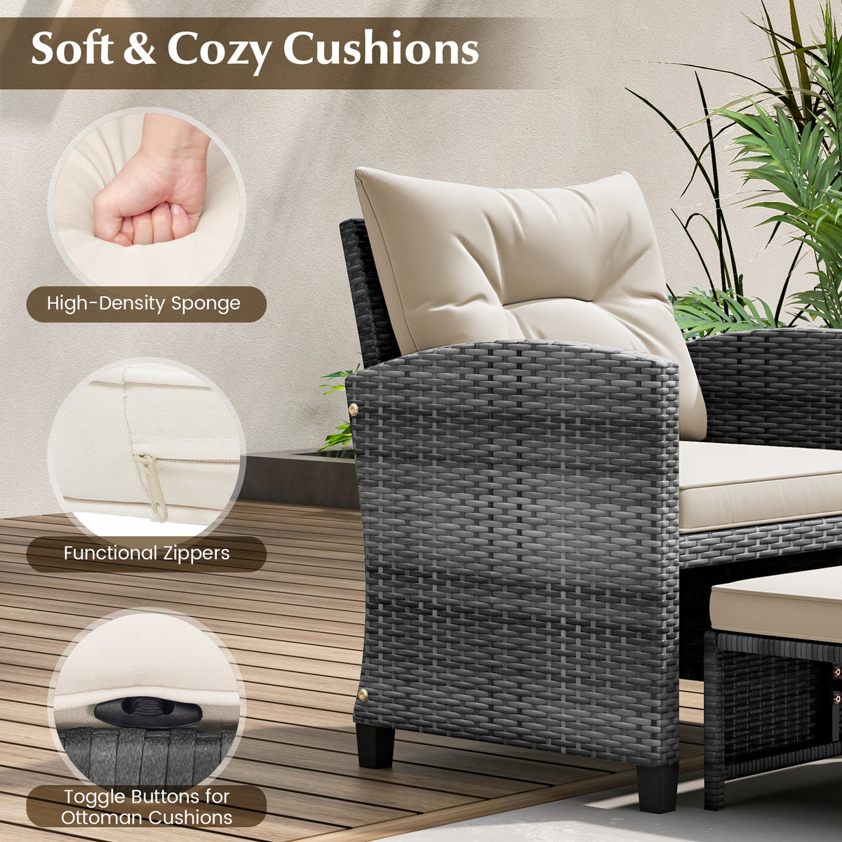 5 Piece Patio Rattan Furniture with 2 Ottomans and Tempered Glass Coffee Table