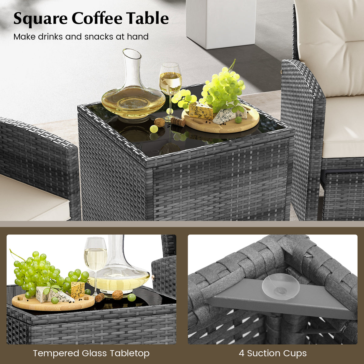 5 Piece Patio Rattan Furniture with 2 Ottomans and Tempered Glass Coffee Table