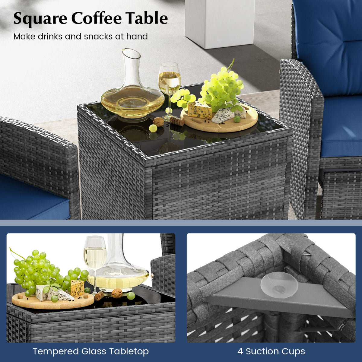 5 Piece Patio Rattan Furniture with 2 Ottomans and Tempered Glass Coffee Table