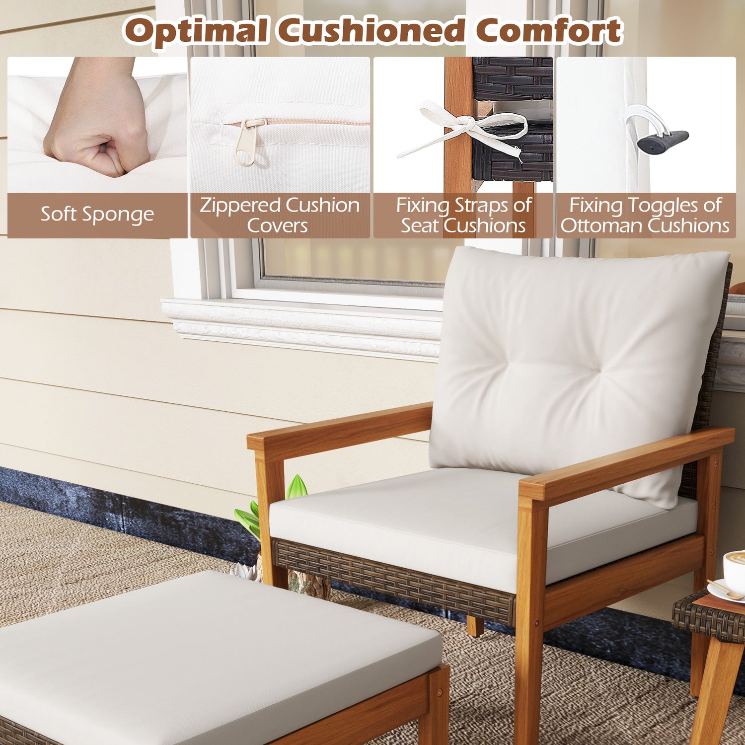 5 Piece Rattan Furniture Set with Square Coffee Table-White