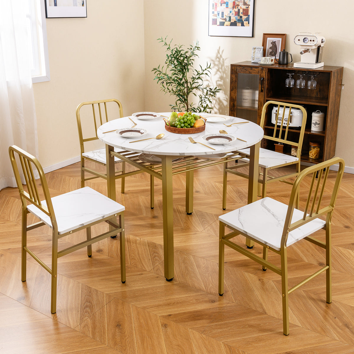 5-Piece Round Dining Table Set with Storage Shelf for Dining Room