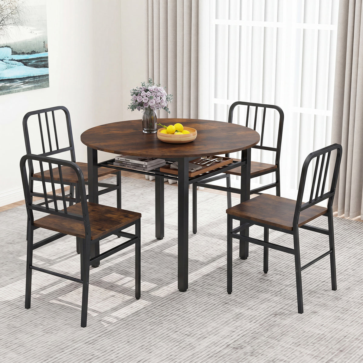 5-Piece Round Dining Table Set with Storage Shelf for Dining Room