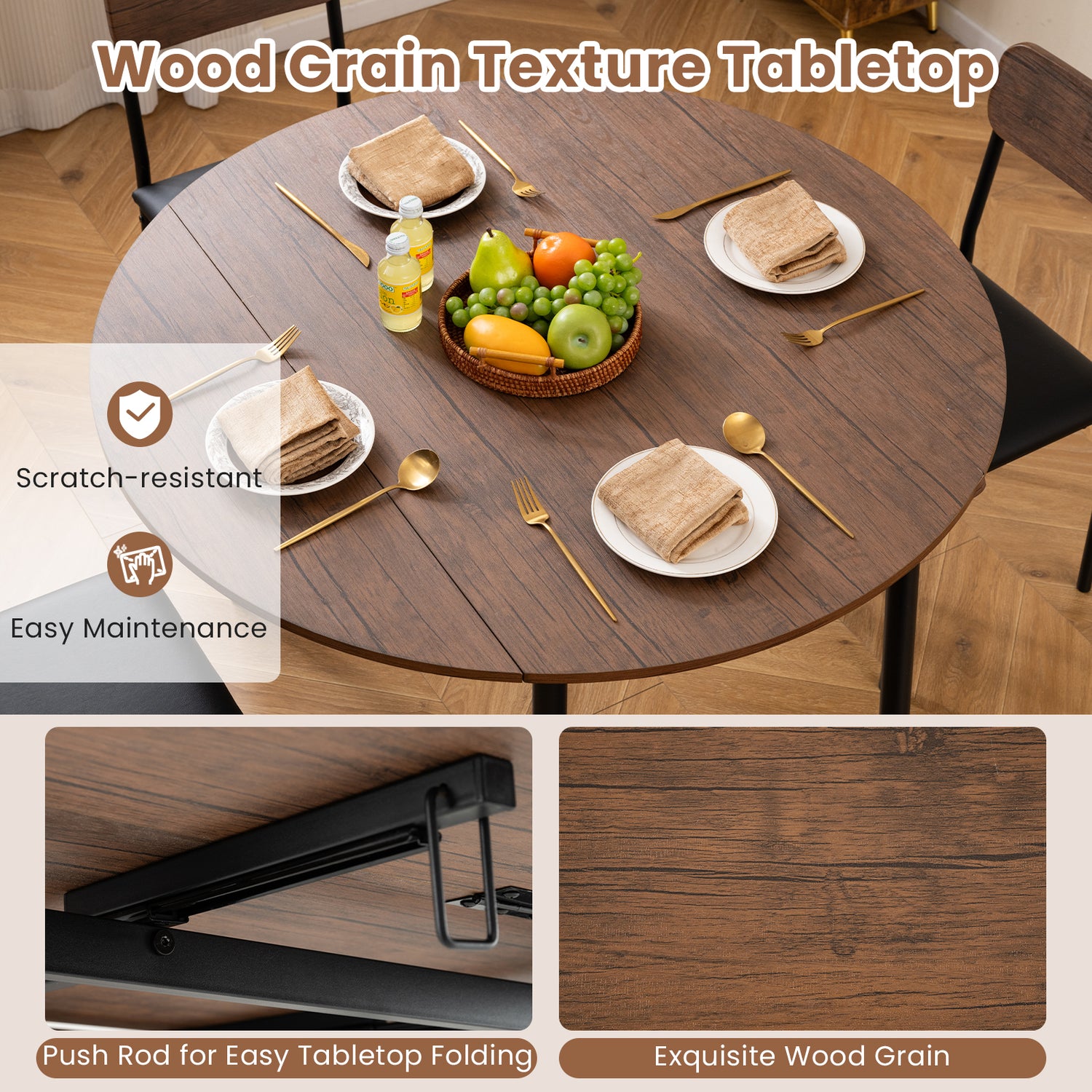 5-Piece Round Kitchen Table Set with Drop Leaf Tabletop and 4 Upholstered Dining Chairs-Brown