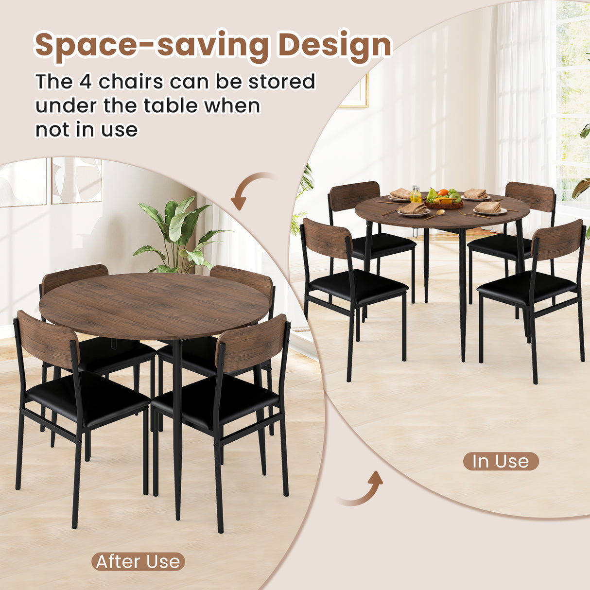 5-Piece Round Kitchen Table Set with Drop Leaf Tabletop and 4 Upholstered Dining Chairs-Brown