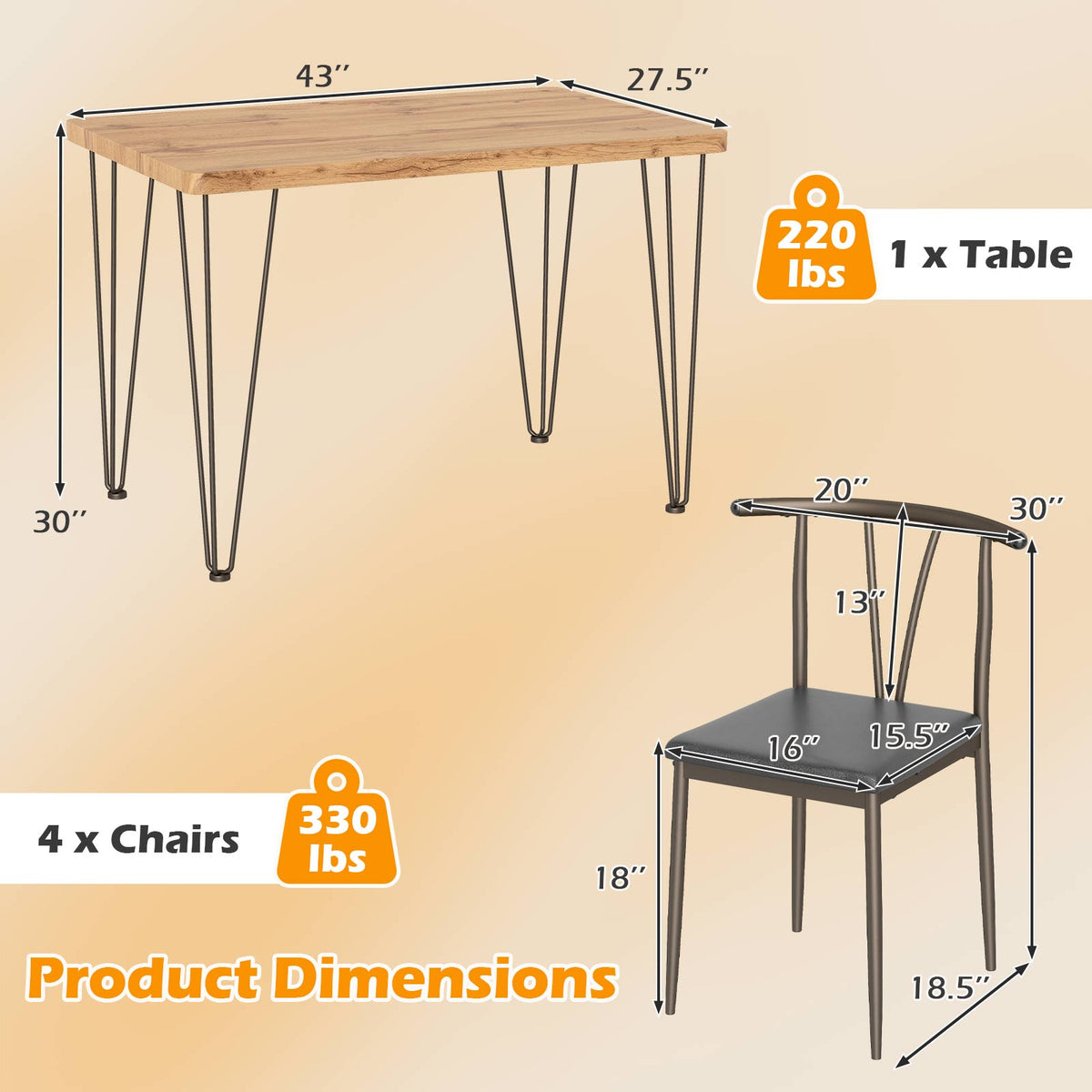 5-Piece Space-saving Dining Table Set Industrial Rectangular Kitchen Table and 4 Armless Chairs-Black