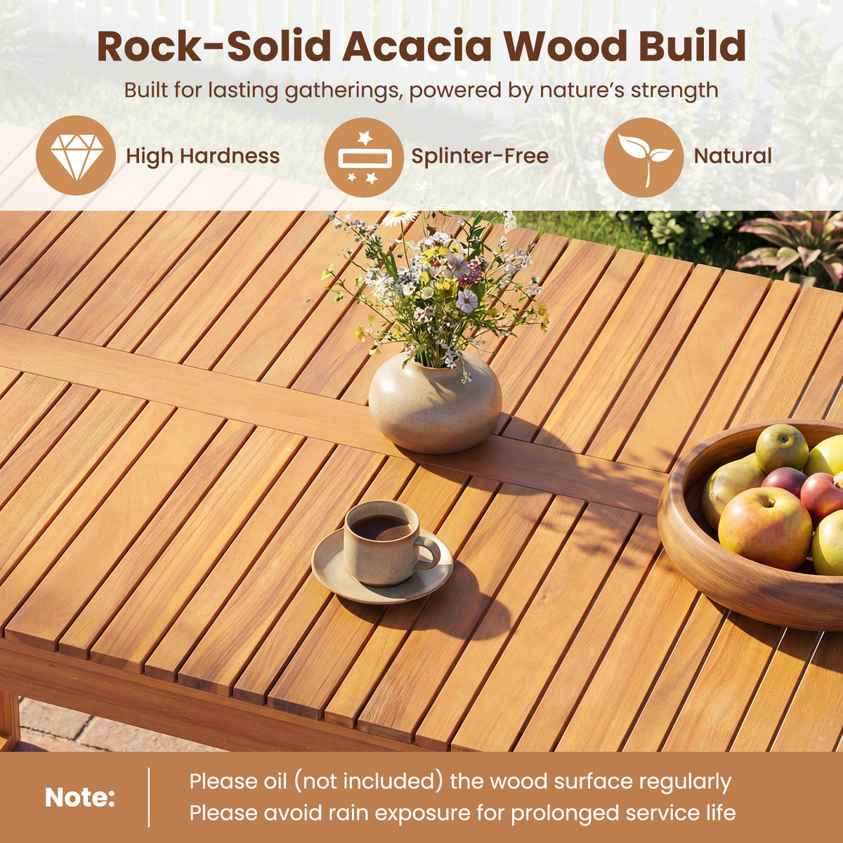 Outdoor Acacia Wood Dining Table with Slatted Tabletop for Garden