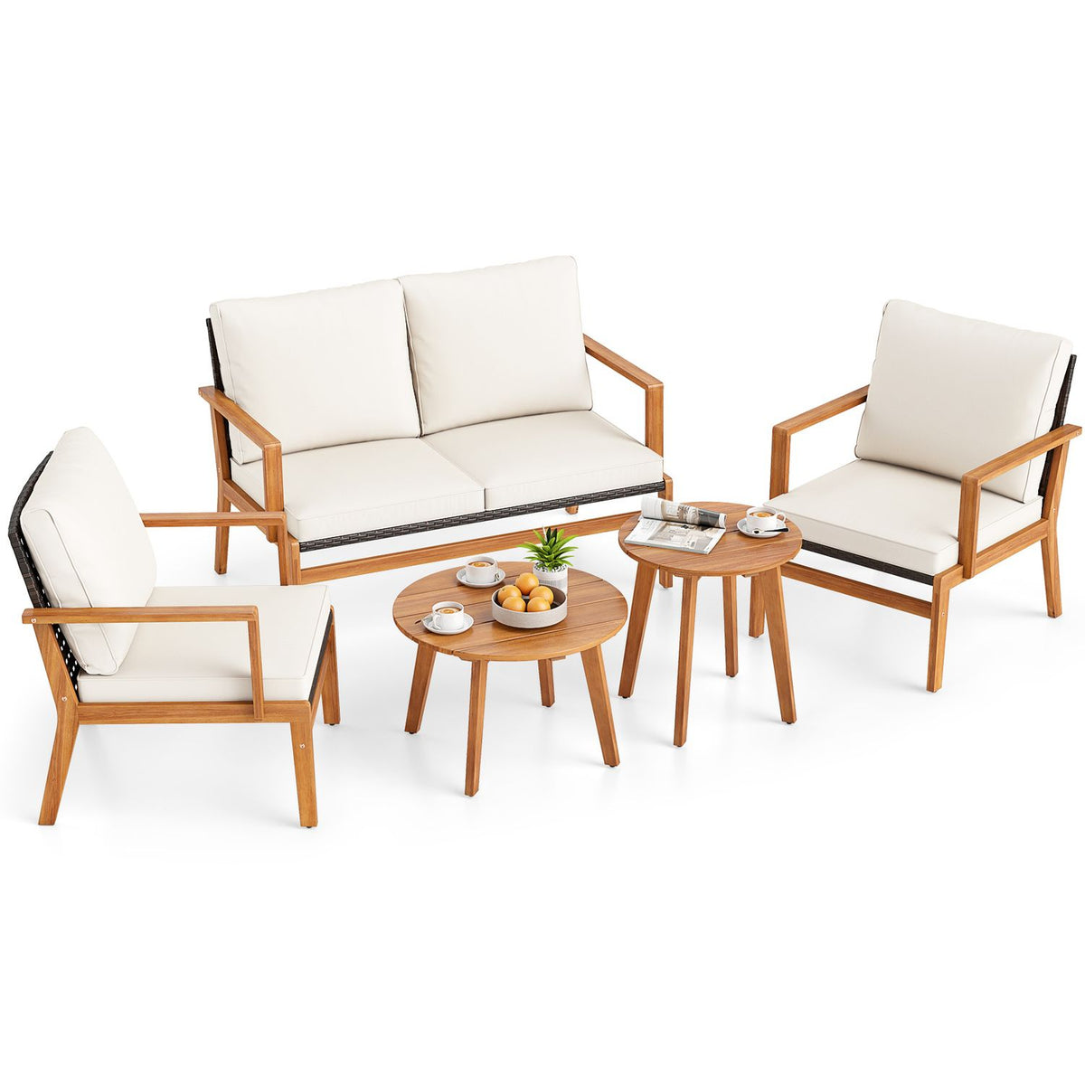 5 Pieces Acacia Wood Patio Furniture Sets with Solid Acacia Wood Frame-White