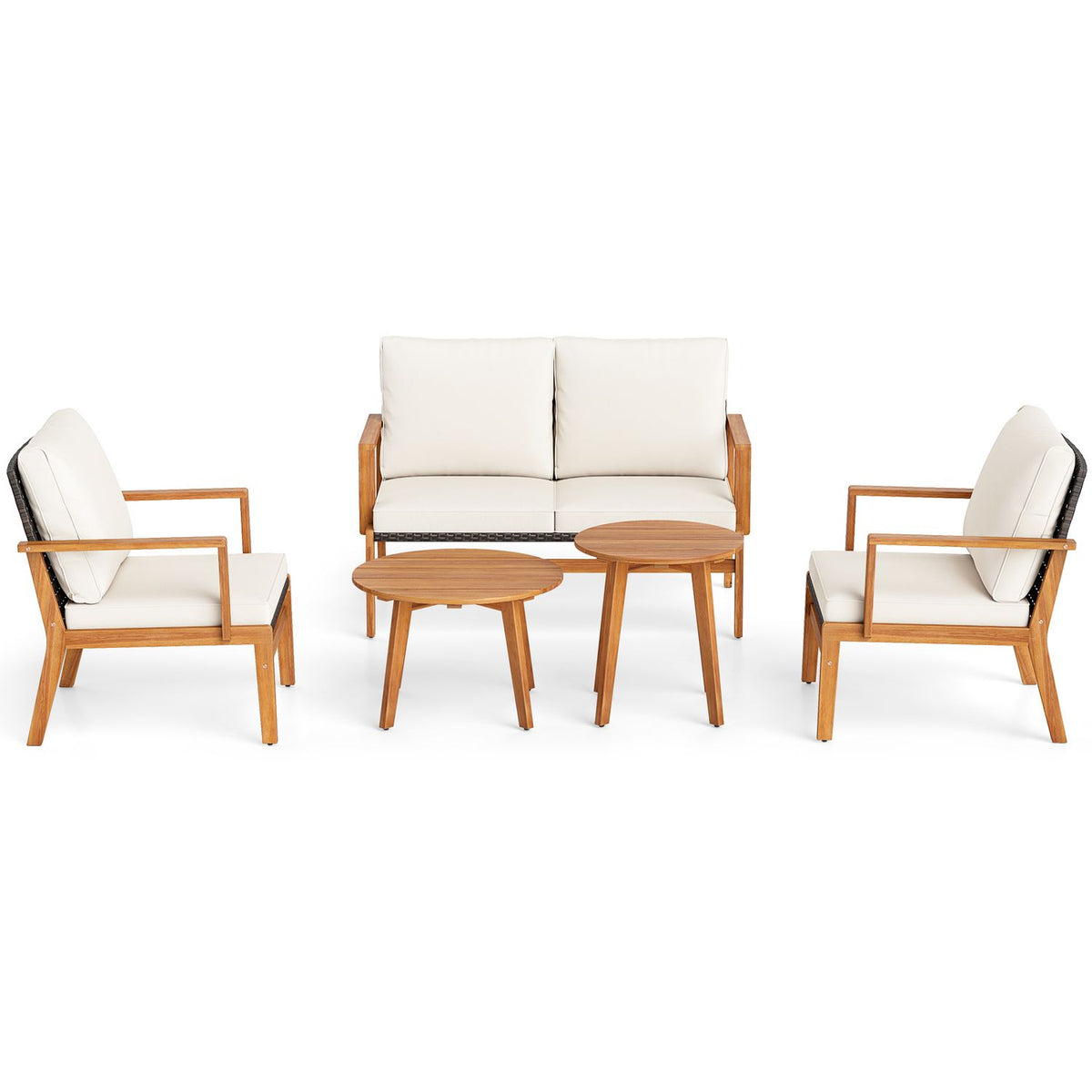 5 Pieces Acacia Wood Patio Furniture Sets with Solid Acacia Wood Frame-White