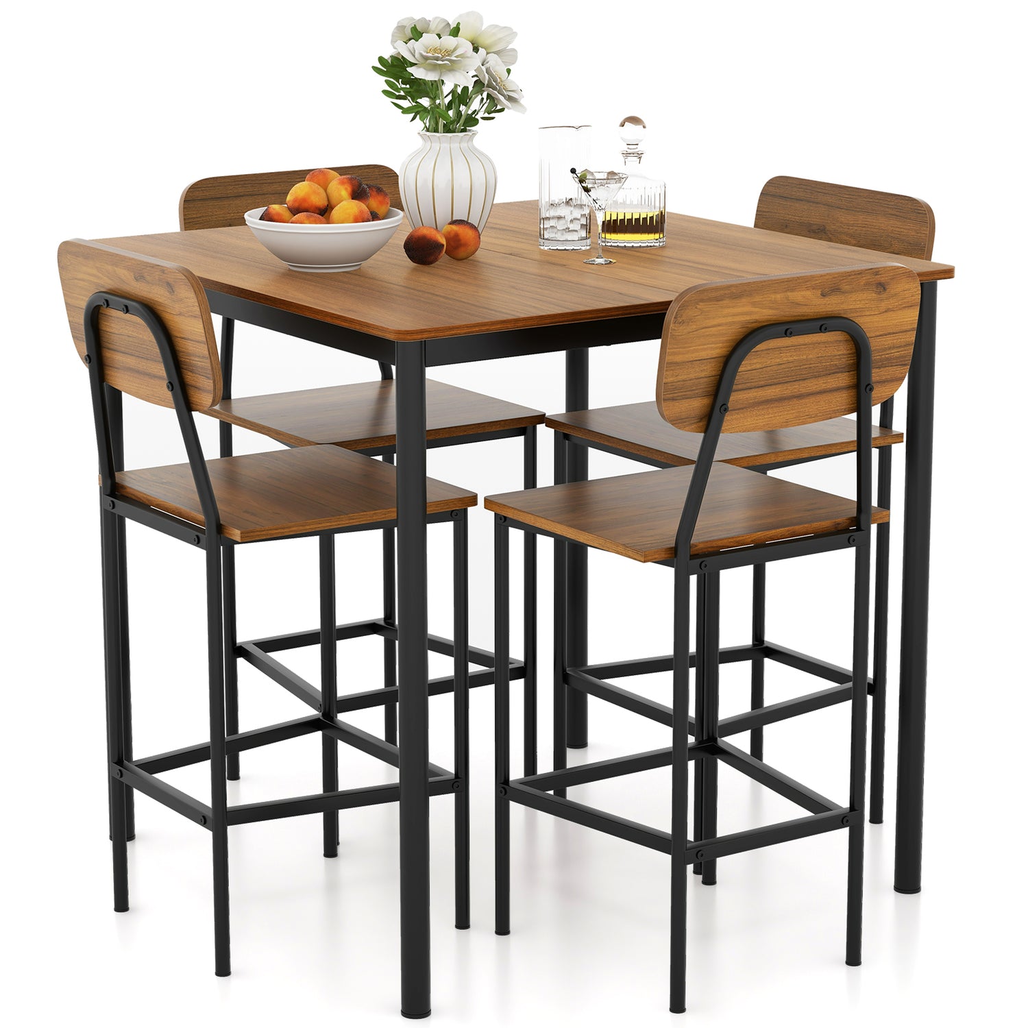 5-Piece Industrial Dining Table Set with Counter Height Table and 4 Bar Stools