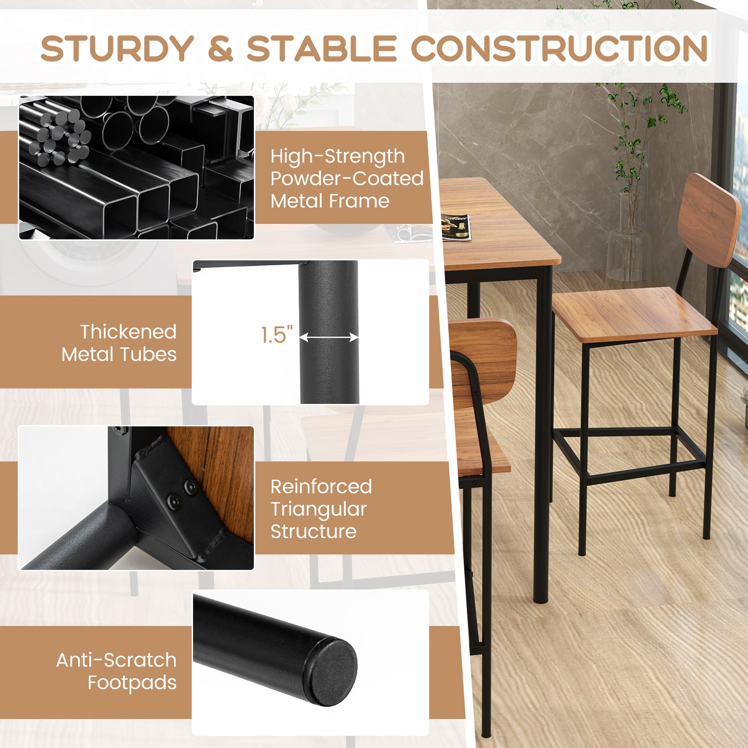 5-Piece Industrial Dining Table Set with Counter Height Table and 4 Bar Stools