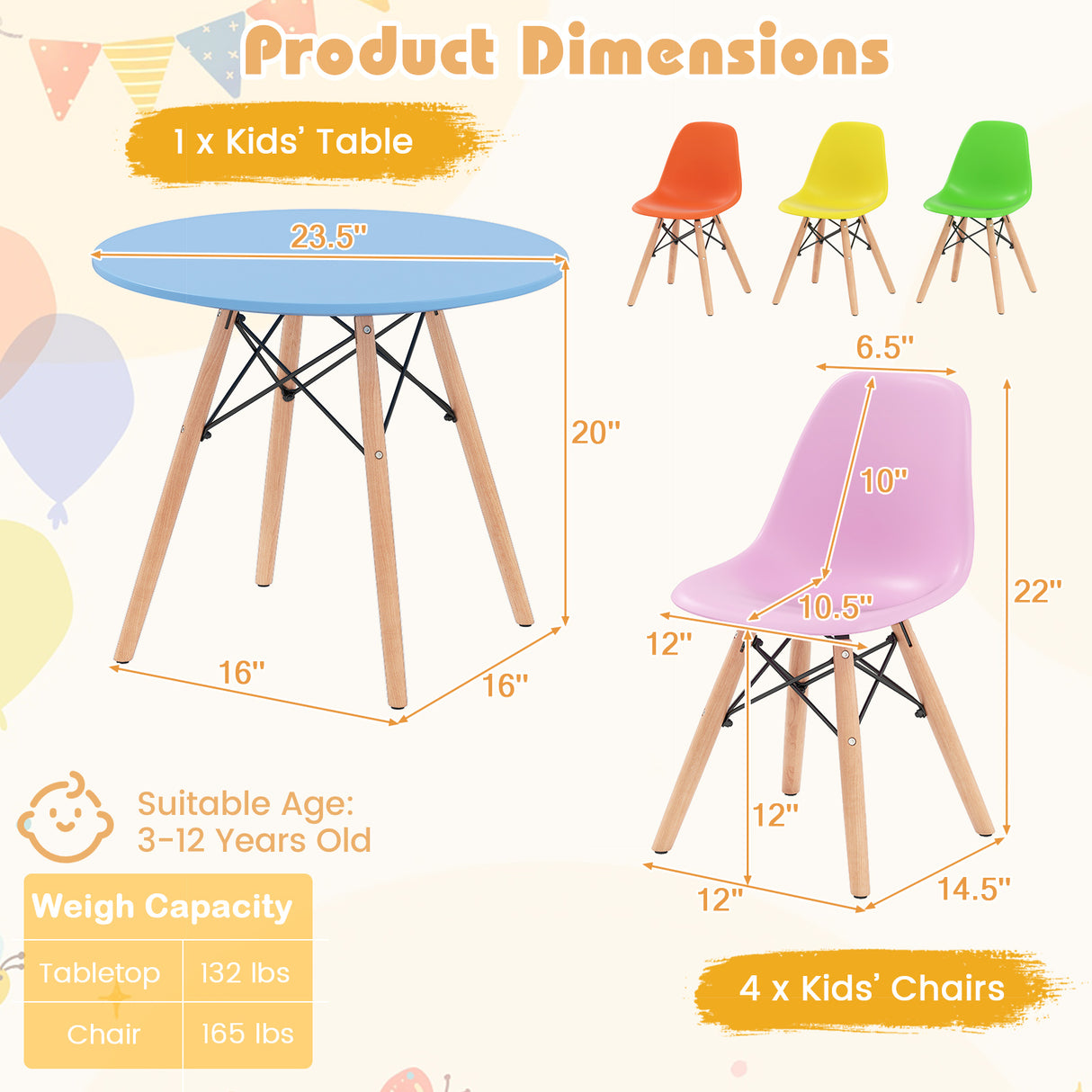 5 Pieces Kids Mid-Century Modern Table Chairs Set