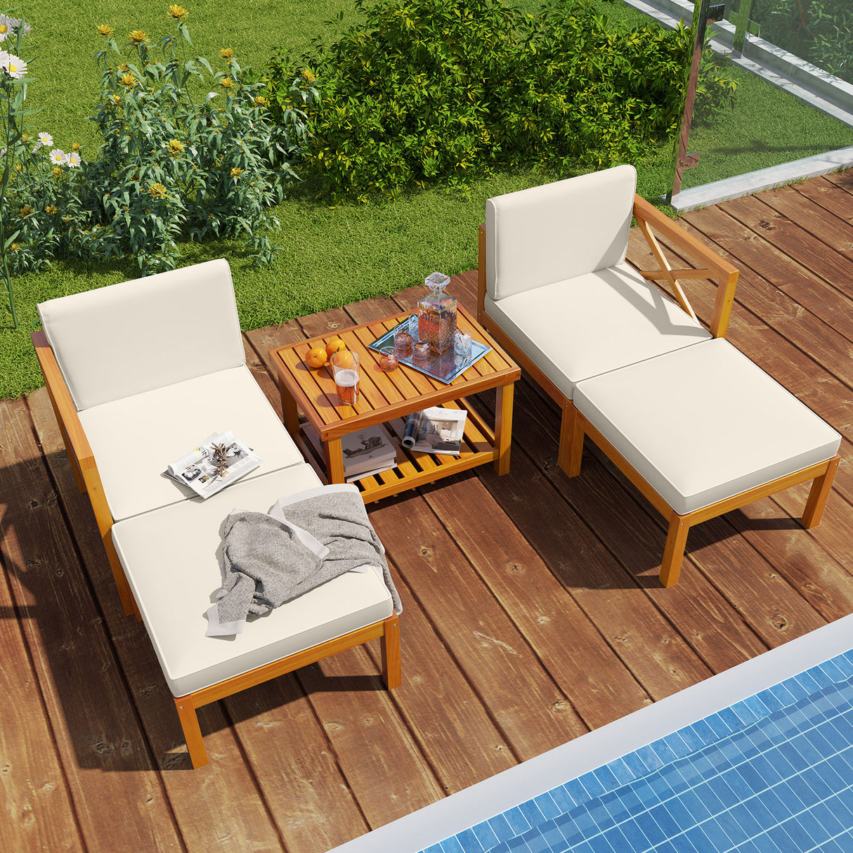 5 Pieces Acacia Wood Patio Lounge Chair Set with Ottomans and Cushions-White