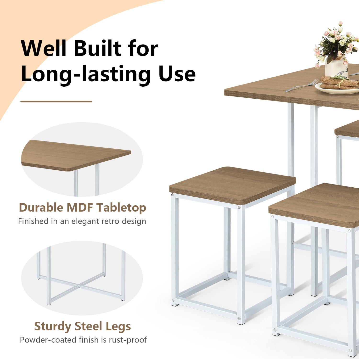 5 Pieces Metal Frame Dining Set with Compact Dining Table and 4 Stools