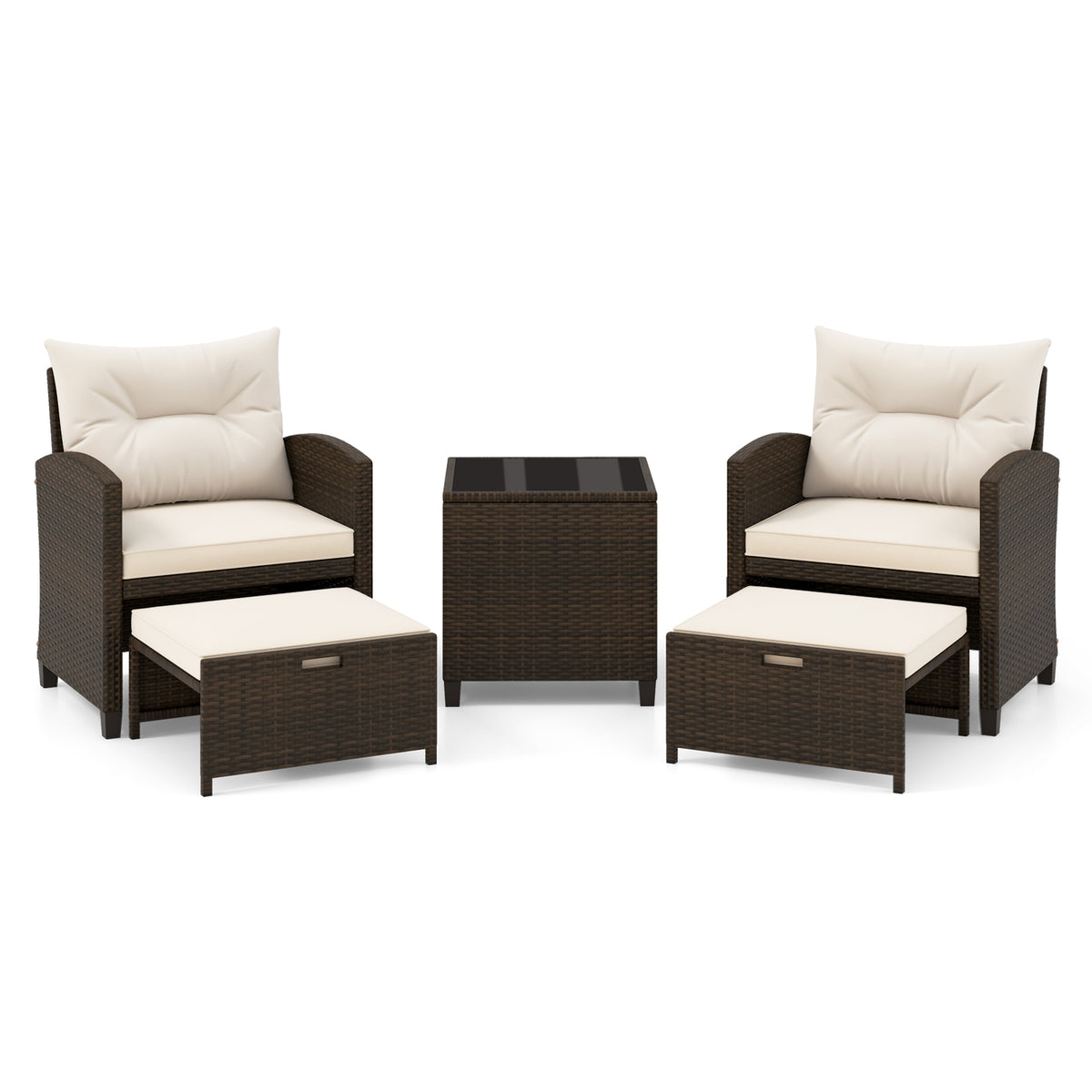 5 Pieces Patio Rattan Furniture with 2 Ottomans and Tempered Glass Coffee Table