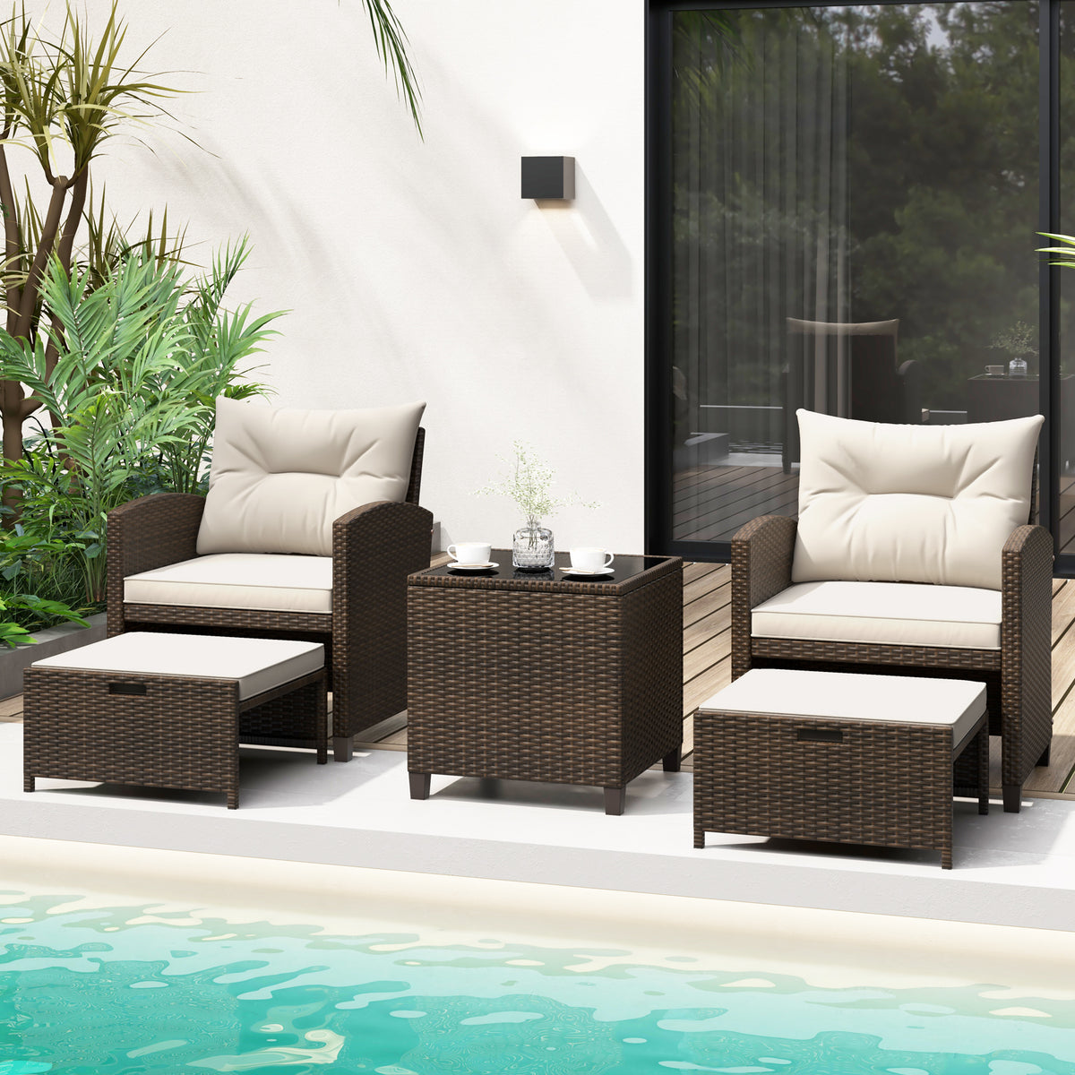 5 Pieces Patio Rattan Furniture with 2 Ottomans and Tempered Glass Coffee Table