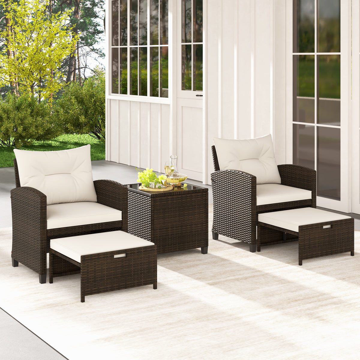 5 Pieces Patio Rattan Furniture with 2 Ottomans and Tempered Glass Coffee Table