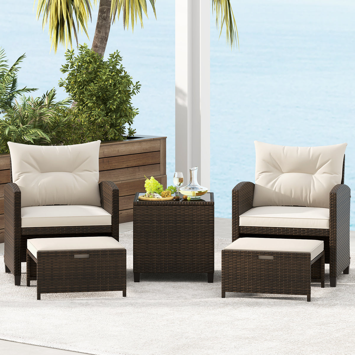 5 Pieces Patio Rattan Furniture with 2 Ottomans and Tempered Glass Coffee Table