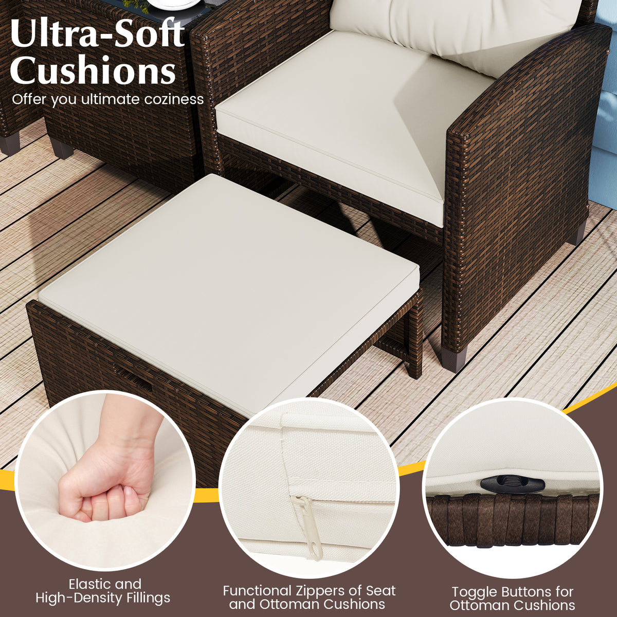 5 Pieces Patio Rattan Furniture with 2 Ottomans and Tempered Glass Coffee Table