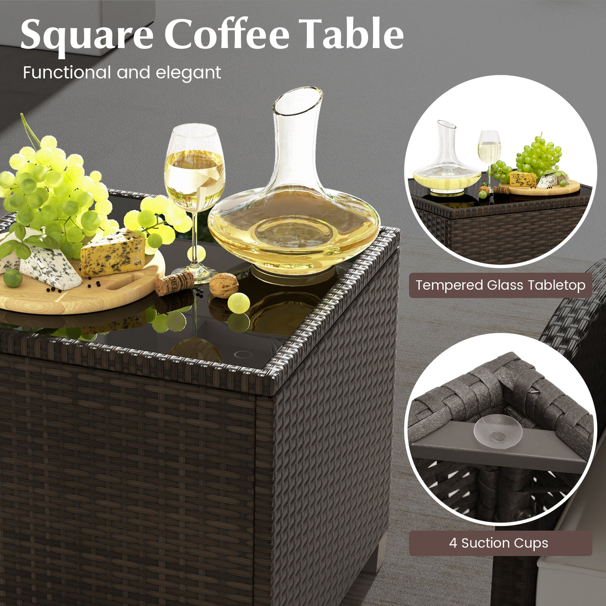5 Pieces Patio Rattan Furniture with 2 Ottomans and Tempered Glass Coffee Table