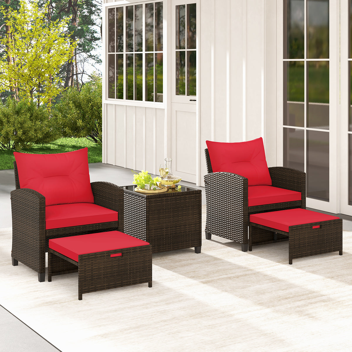 5 Pieces Patio Rattan Furniture with 2 Ottomans and Tempered Glass Coffee Table