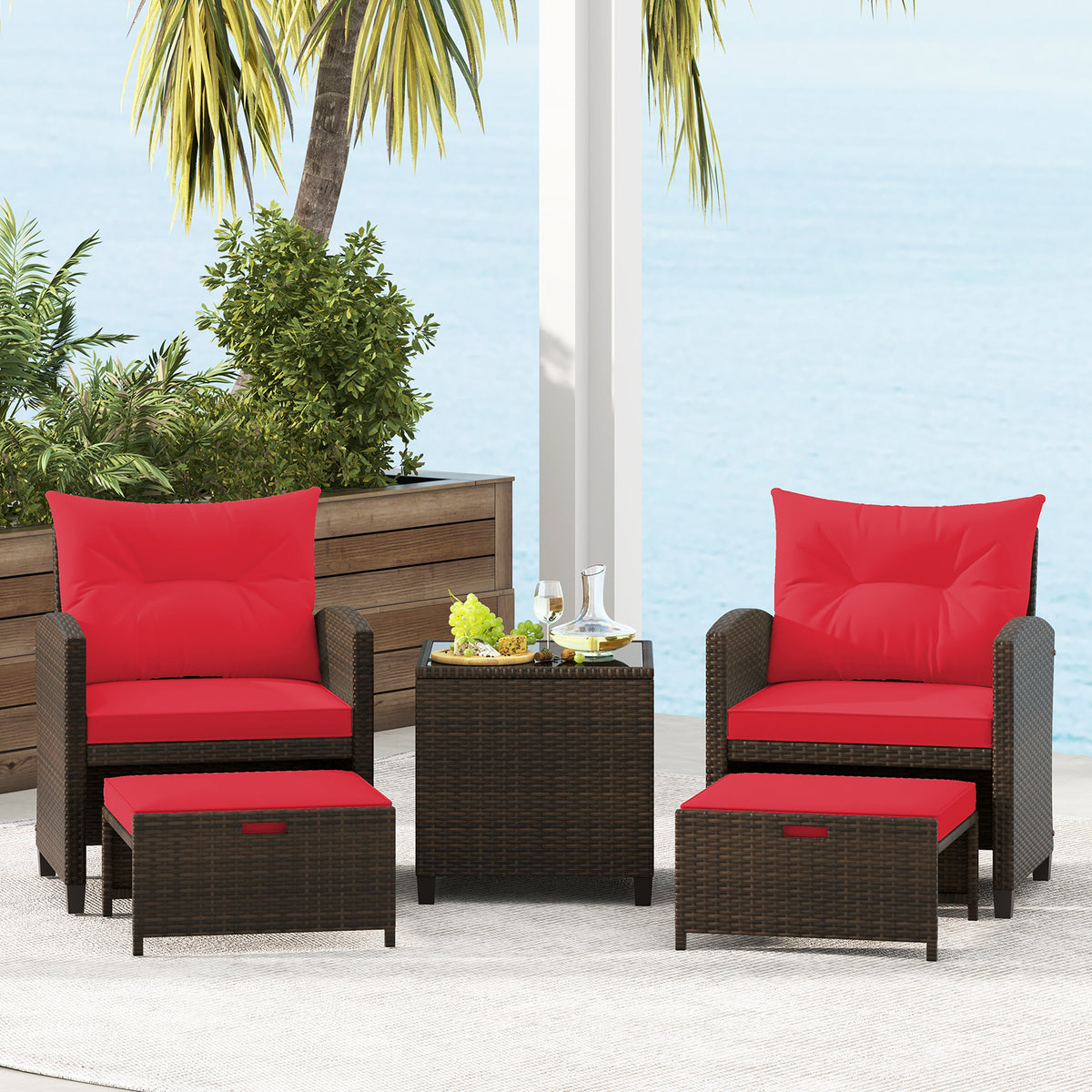 5 Pieces Patio Rattan Furniture with 2 Ottomans and Tempered Glass Coffee Table