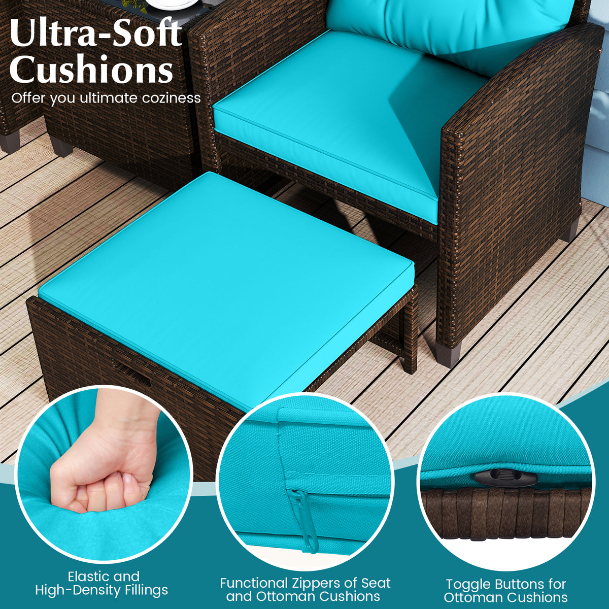 5 Pieces Patio Rattan Furniture with 2 Ottomans and Tempered Glass Coffee Table