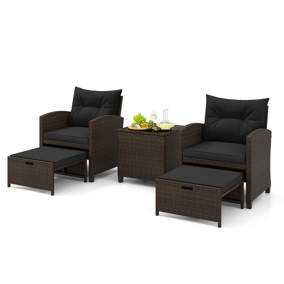 5 Pieces Patio Rattan Furniture with 2 Ottomans and Tempered Glass Coffee Table