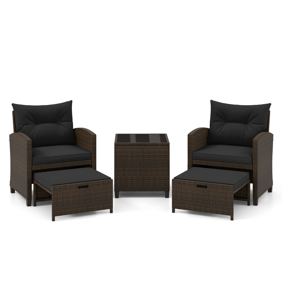 5 Pieces Patio Rattan Furniture with 2 Ottomans and Tempered Glass Coffee Table