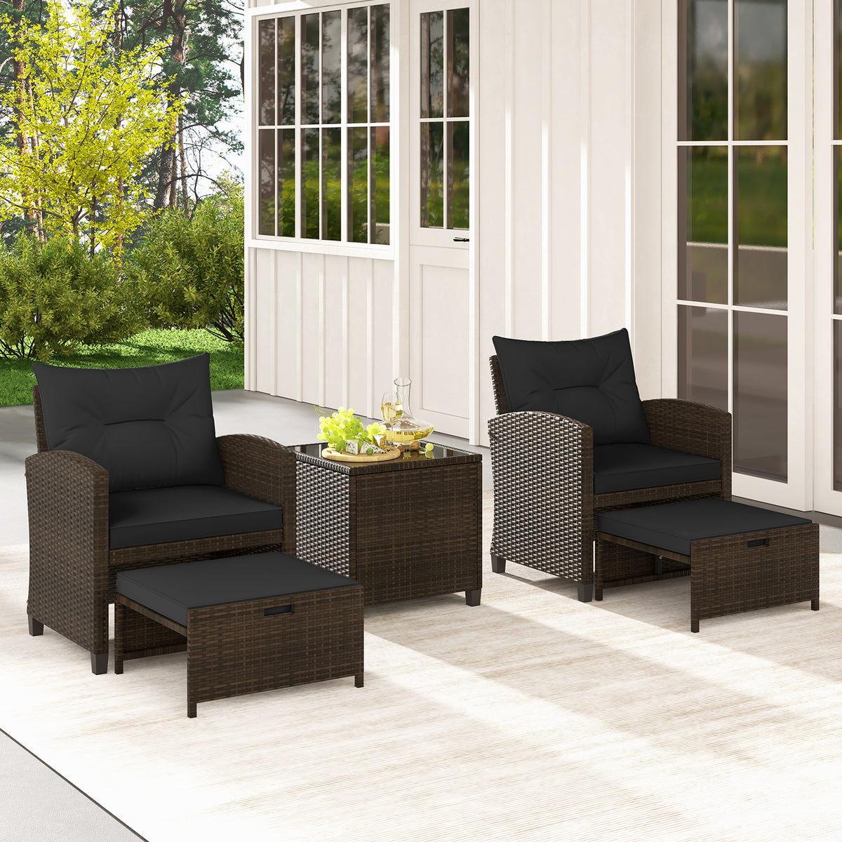 5 Pieces Patio Rattan Furniture with 2 Ottomans and Tempered Glass Coffee Table
