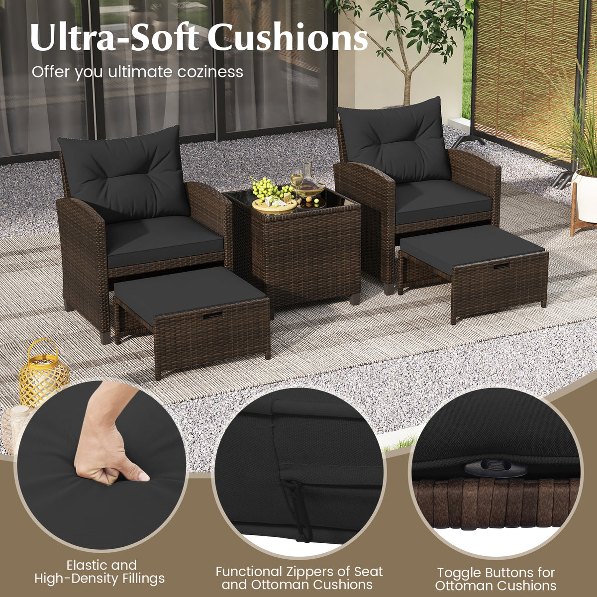 5 Pieces Patio Rattan Furniture with 2 Ottomans and Tempered Glass Coffee Table