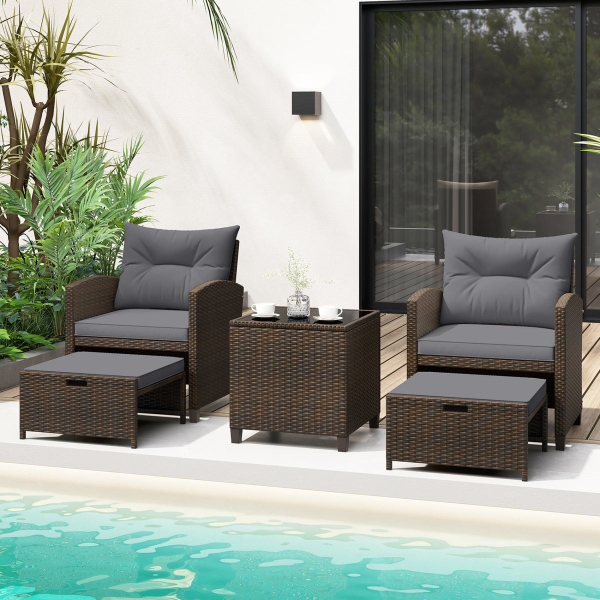 5 Pieces Patio Rattan Furniture with 2 Ottomans and Tempered Glass Coffee Table