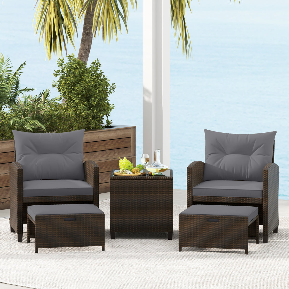 5 Pieces Patio Rattan Furniture with 2 Ottomans and Tempered Glass Coffee Table