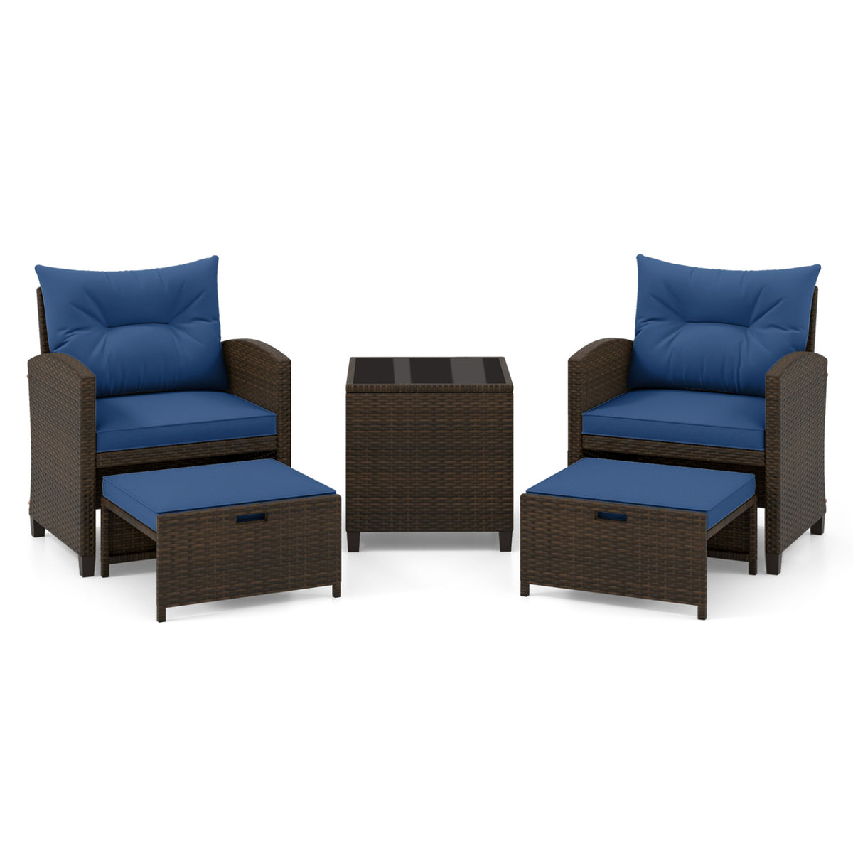 5 Pieces Patio Rattan Furniture with 2 Ottomans and Tempered Glass Coffee Table