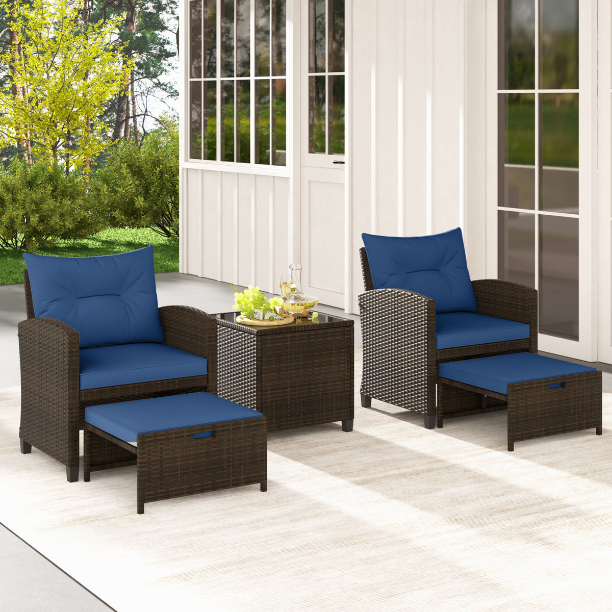 5 Pieces Patio Rattan Furniture with 2 Ottomans and Tempered Glass Coffee Table