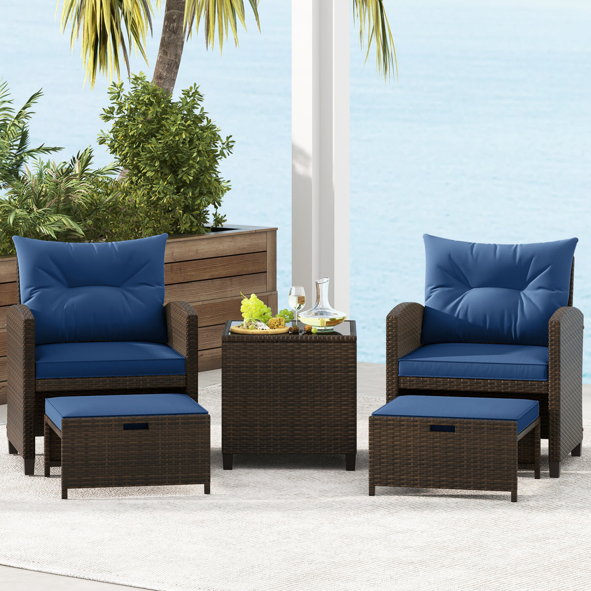 5 Pieces Patio Rattan Furniture with 2 Ottomans and Tempered Glass Coffee Table
