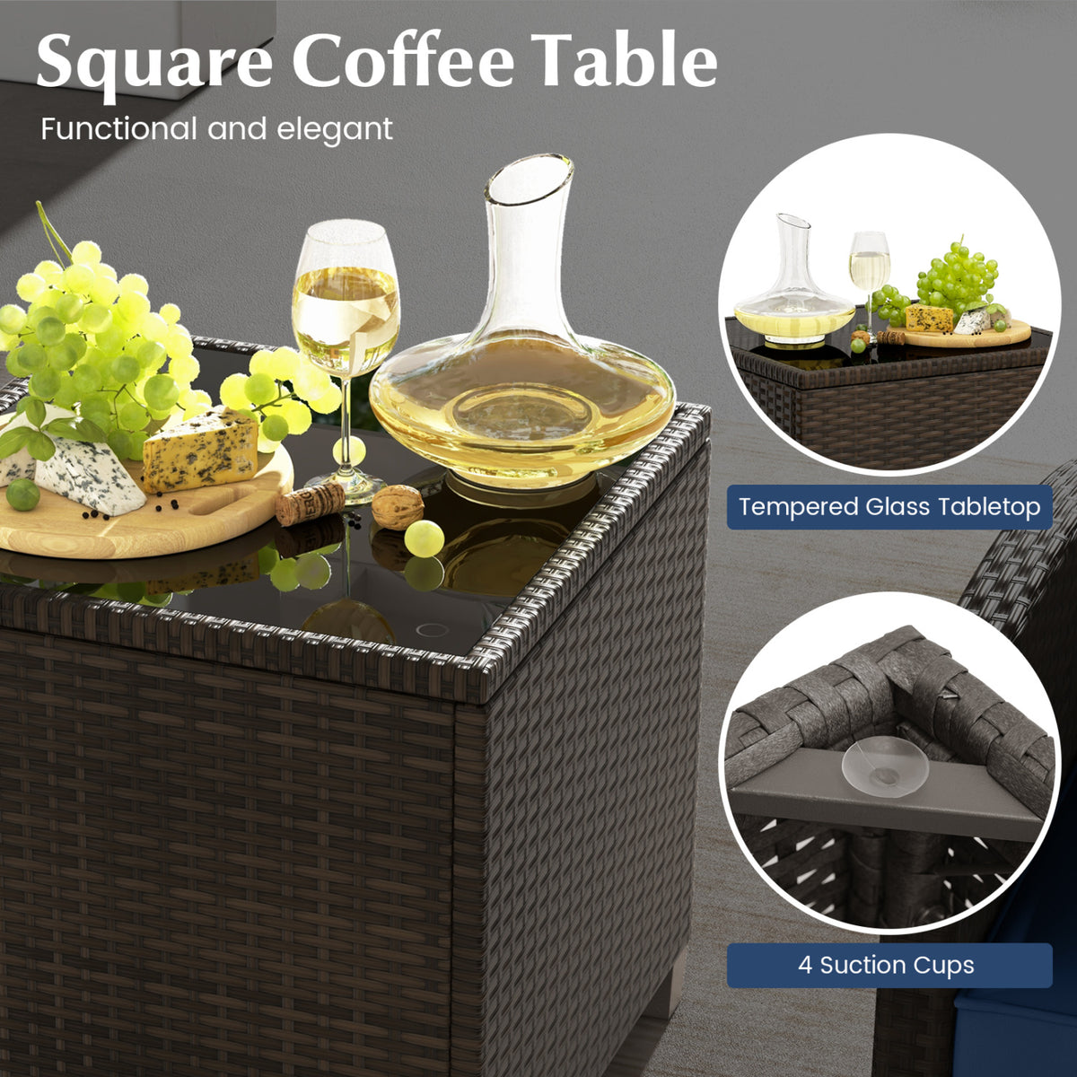 5 Pieces Patio Rattan Furniture with 2 Ottomans and Tempered Glass Coffee Table