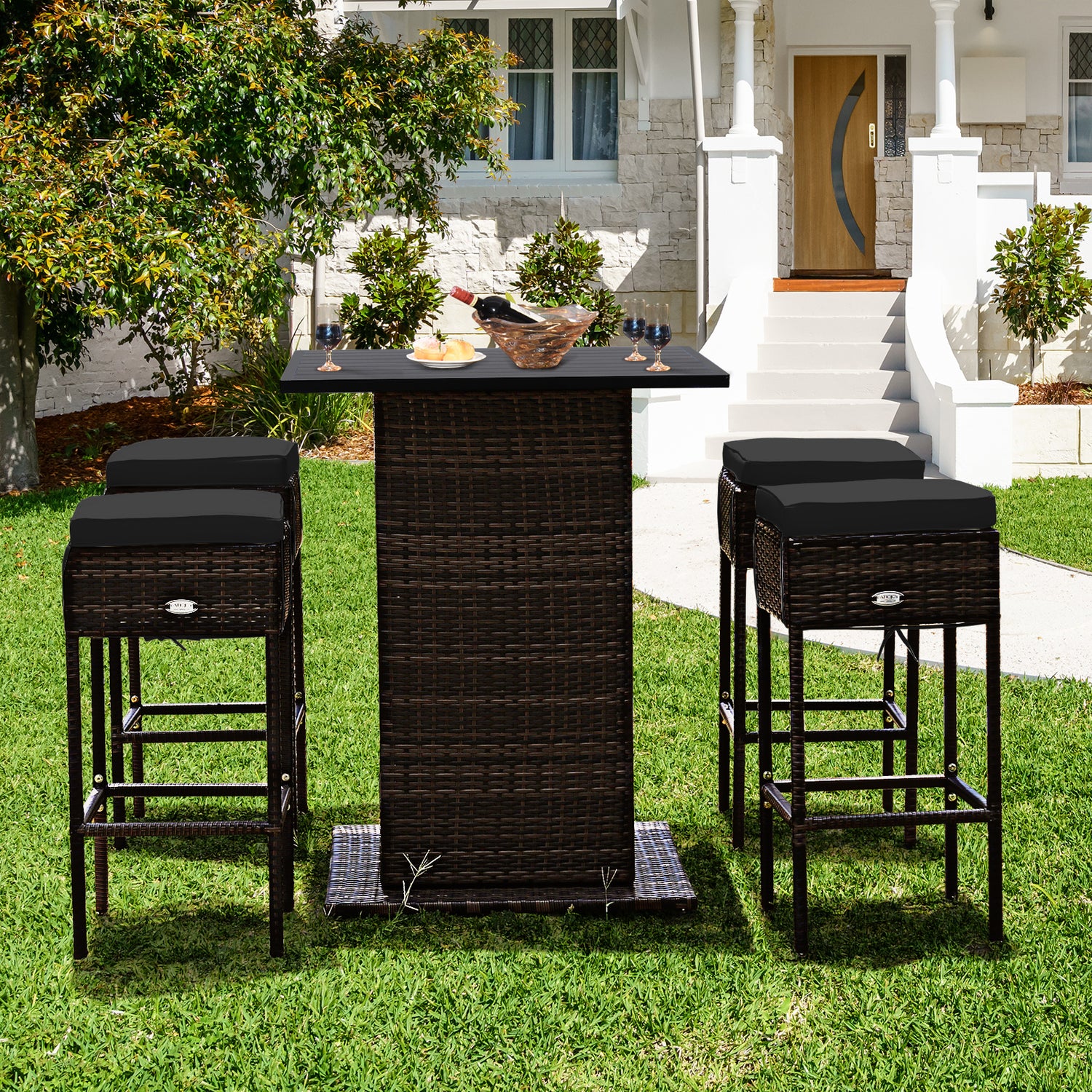 5 Pieces Patio Rattan Bar Table Stool Set Hidden Storage Shelf Cushioned