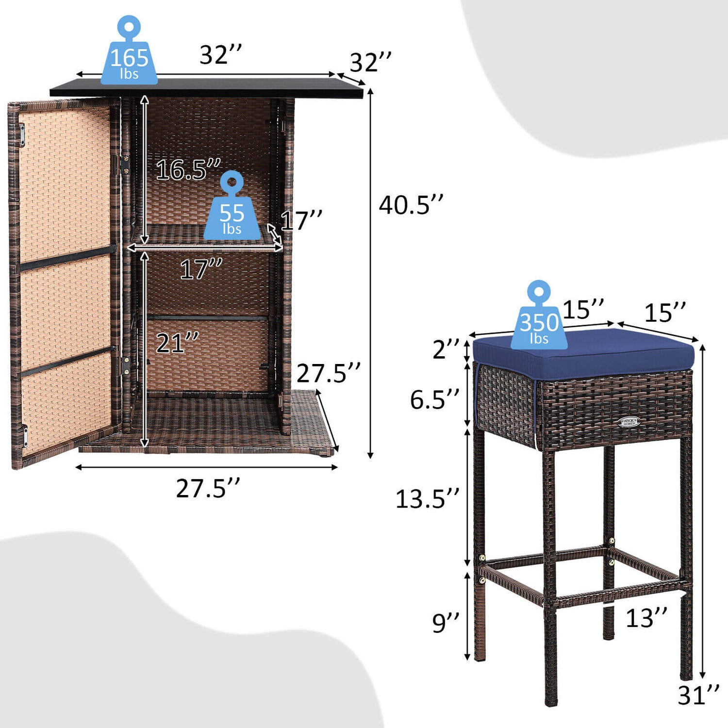 5 Pieces Patio Rattan Bar Table Stool Set Hidden Storage Shelf Cushioned