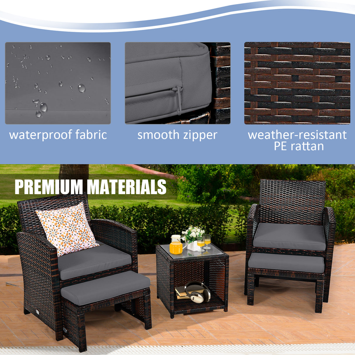 5 Pieces Patio Rattan Furniture Set with Ottoman and Tempered Glass Coffee Table