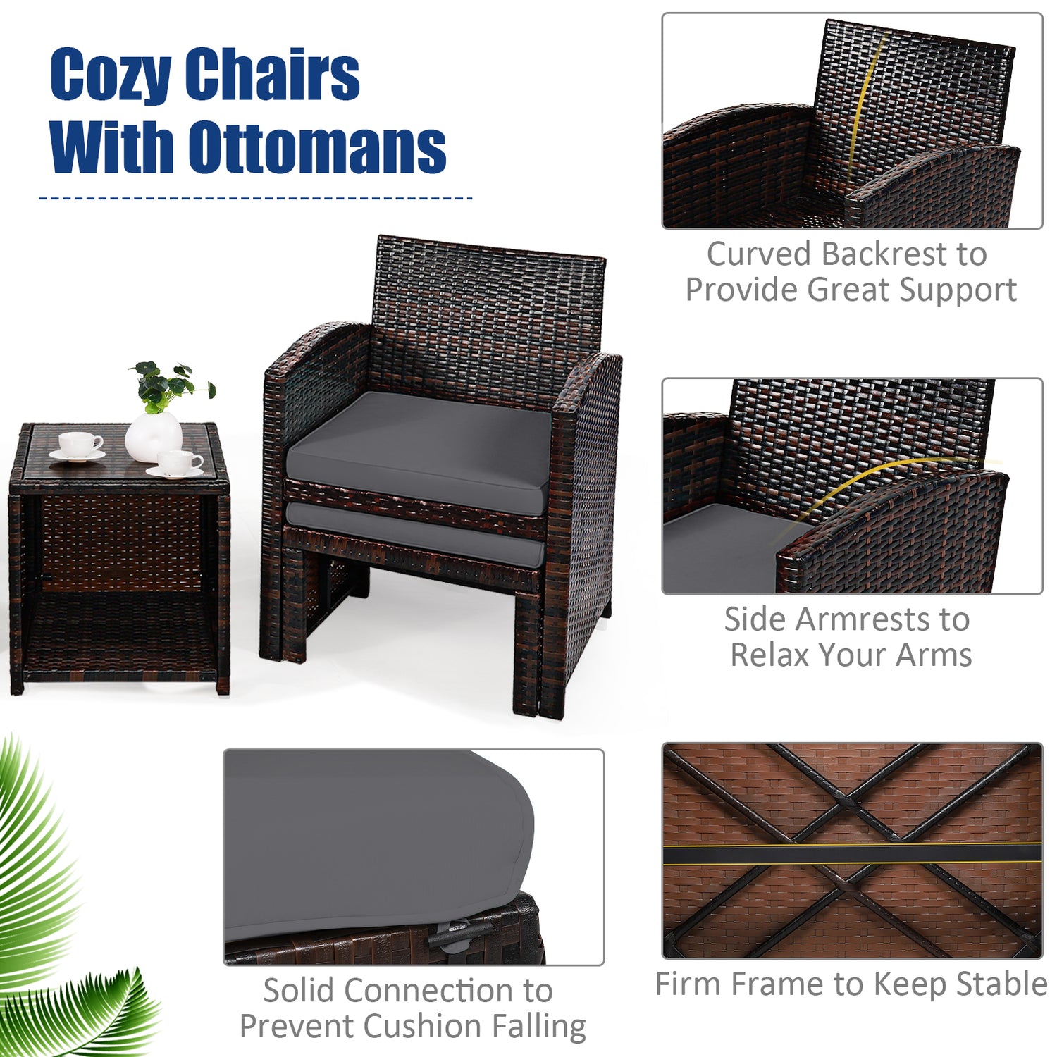 5 Pieces Patio Rattan Furniture Set with Ottoman and Tempered Glass Coffee Table