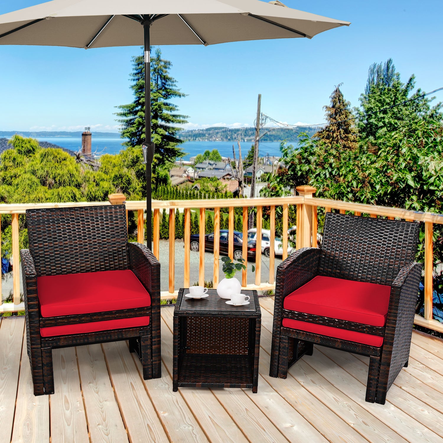 5 Pieces Patio Rattan Furniture Set with Ottoman and Tempered Glass Coffee Table