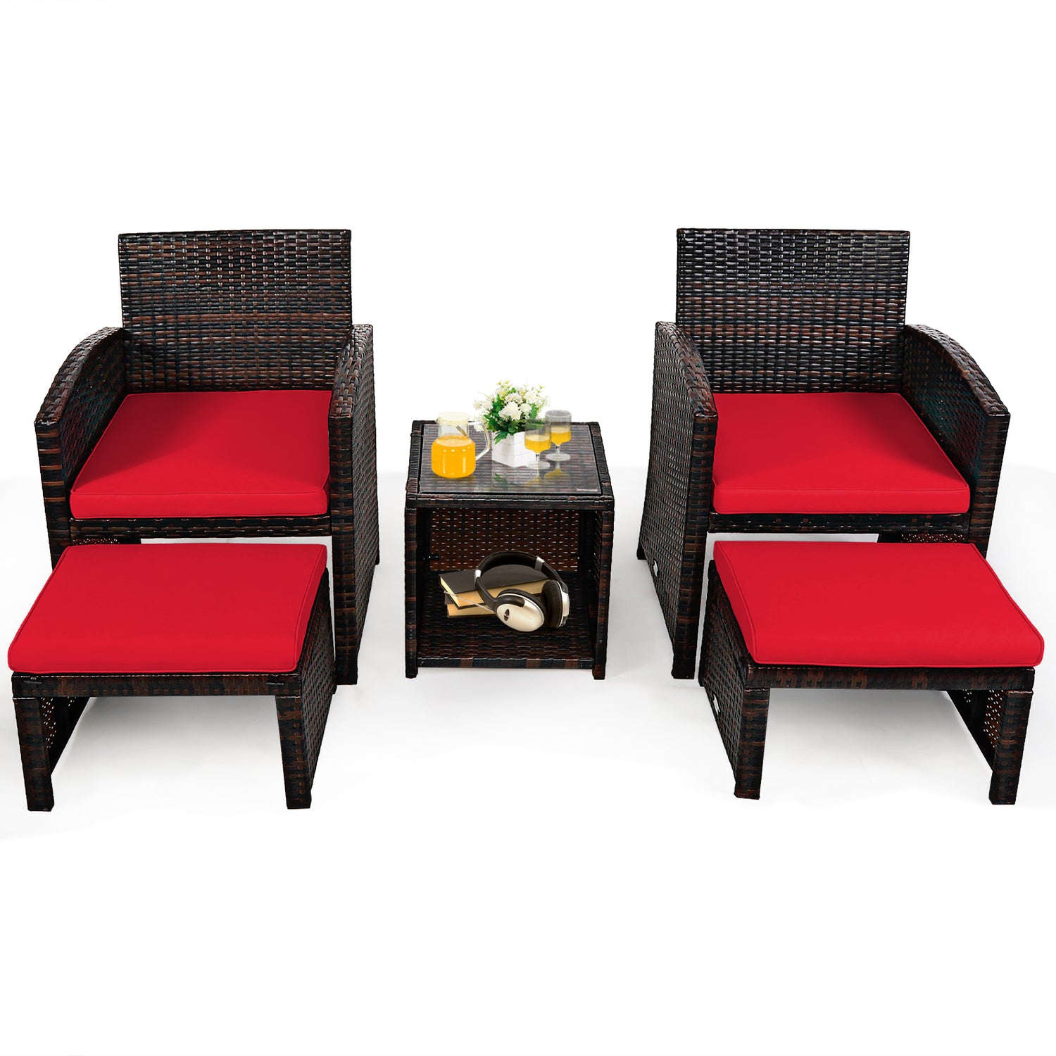 5 Pieces Patio Rattan Furniture Set with Ottoman and Tempered Glass Coffee Table