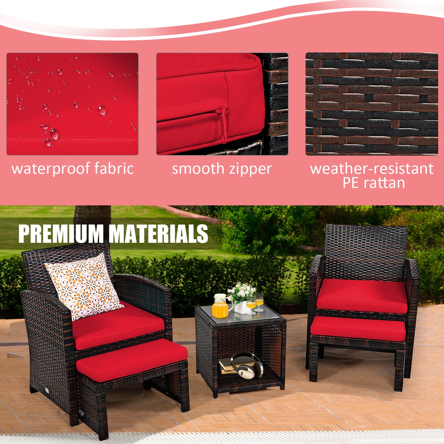 5 Pieces Patio Rattan Furniture Set with Ottoman and Tempered Glass Coffee Table