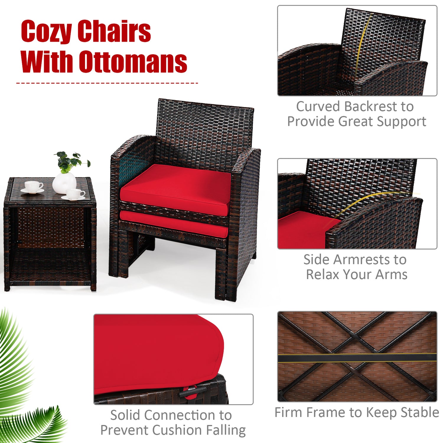 5 Pieces Patio Rattan Furniture Set with Ottoman and Tempered Glass Coffee Table