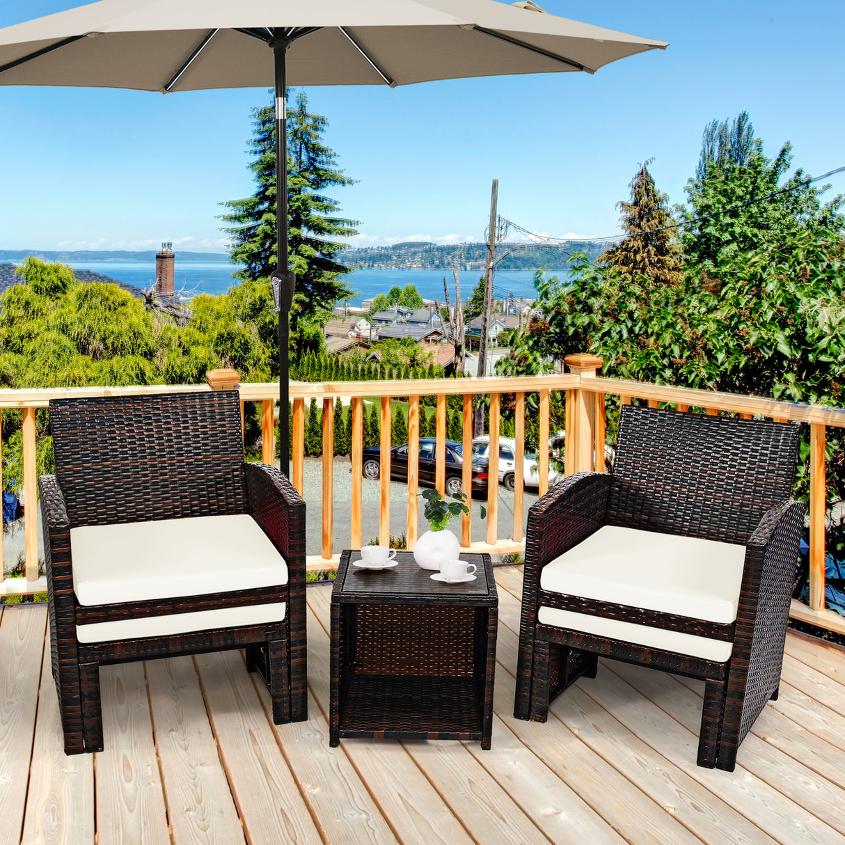 5 Pieces Patio Rattan Furniture Set with Ottoman and Tempered Glass Coffee Table